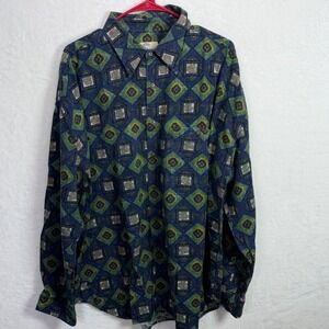 UOMO‎ Mens Silk VTG Geometric Medallion Print Flannel Type Shirt Blue Green XL